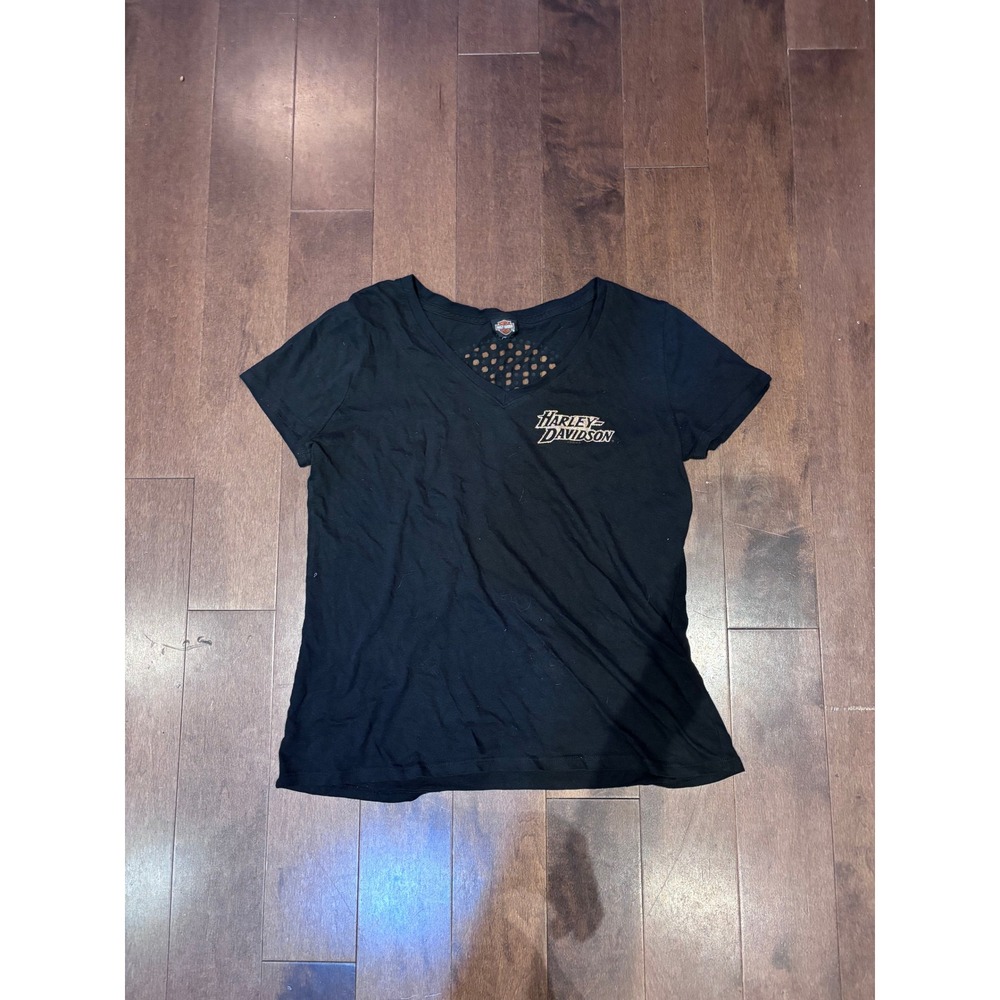 Harley Davidson Womens Black Studded Skull V-Neck Short Sleeve T-Shirt L